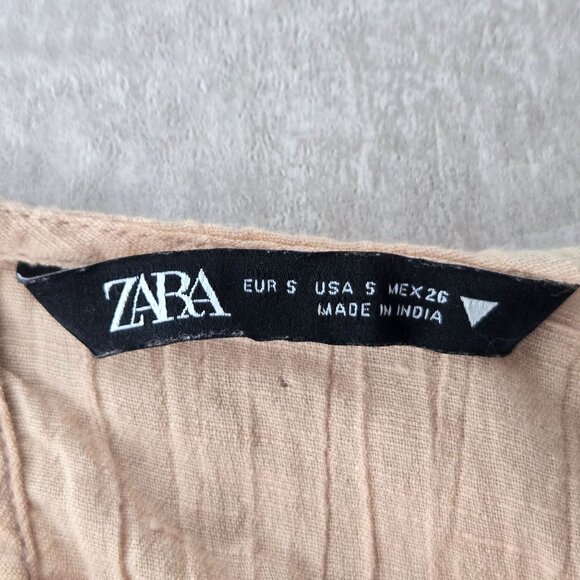 Zara Crochet Crop Top S Light Pink Linen Boho Cottage Hippie Long Sleeve Shirt - Picture 8 of 12